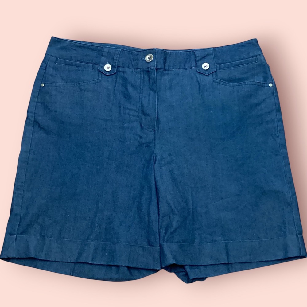 New Directions Womens Dark Wash Denim Trouser Shorts Cuffed Blue Size 12